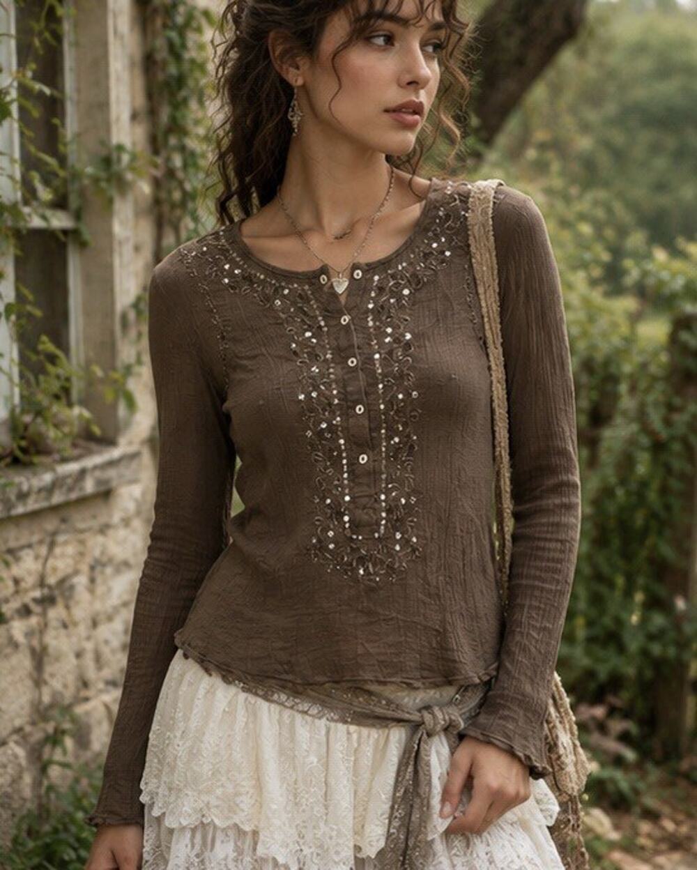Vintage Y2K Brown Crinkle Gauze Henley Top S Embroidered Sequin Fairycore